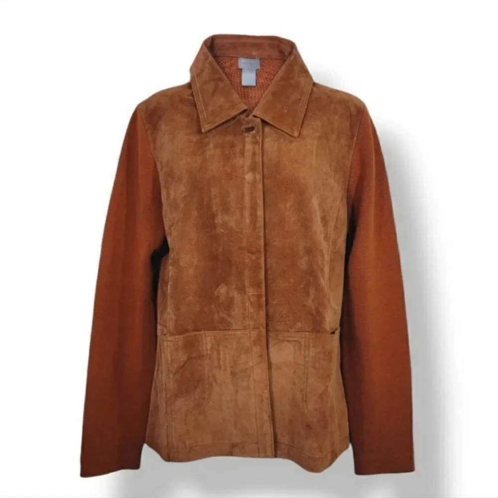 Sigrid Olsen Suede Leather and Silk Blend Knit Jacket in Pumpkin Size Medium - Picture 10 of 11